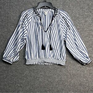 Forever 21 Blue White Striped Top Women M Embroidery & PomPoms Smocked Boho EUC